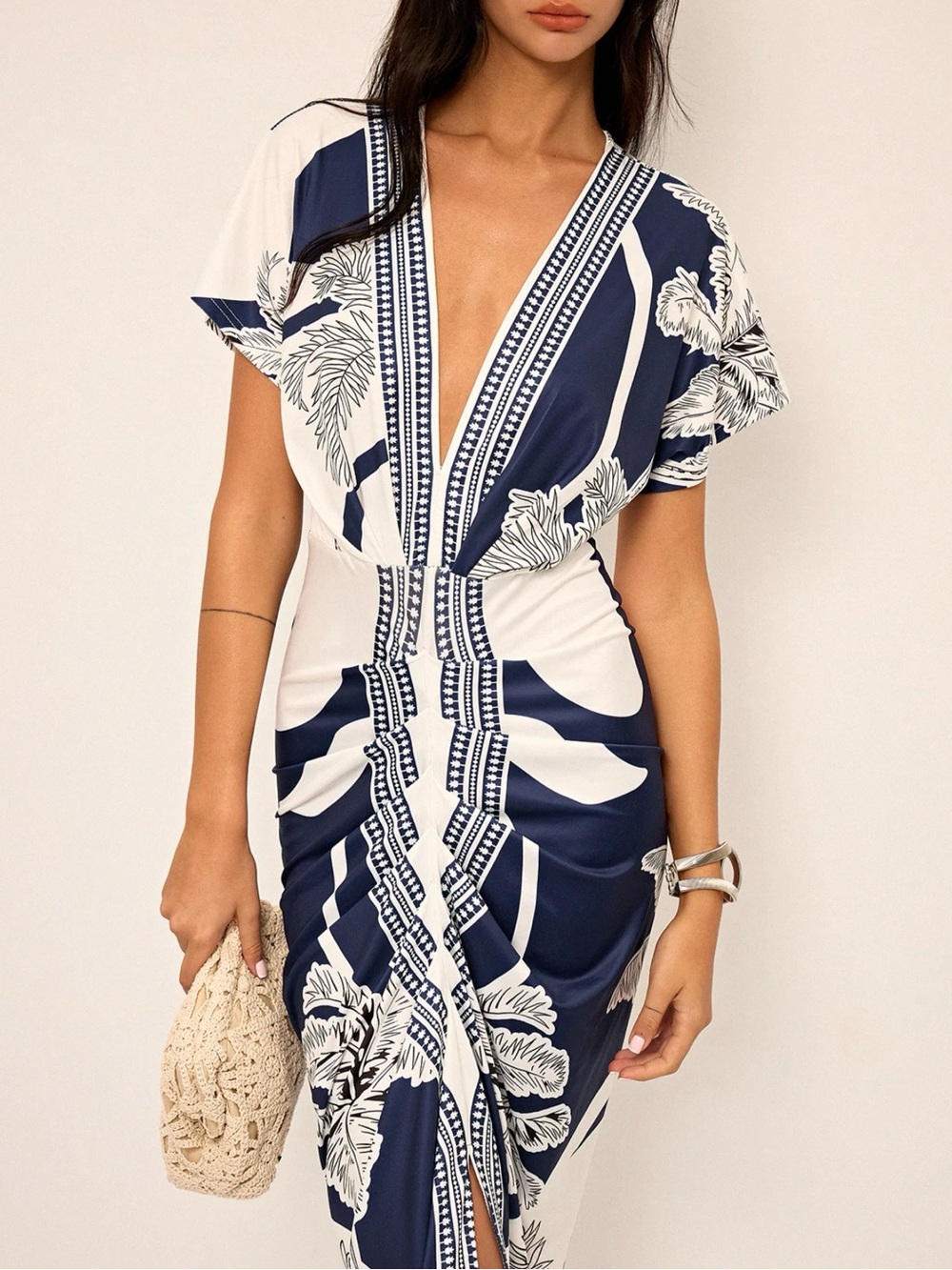 Commense Navy and White Printed V-Neck Midi Dress